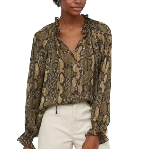 H&M Top Snake Print Green Sheer Ruffle Tie Neck Lightweight Long Sleeves size 2 - Picture 1 of 13